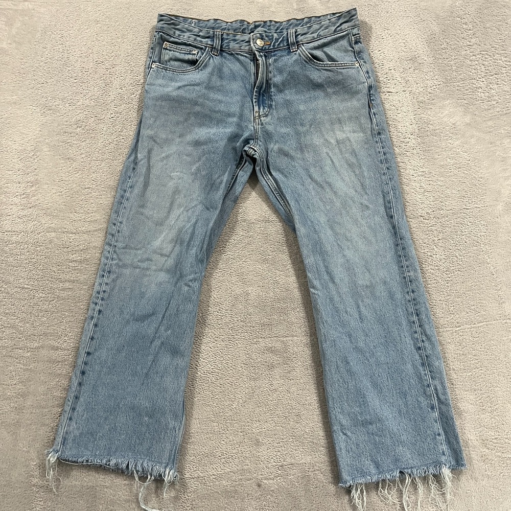 ZARA Jeans Womens 31x25 Wide Leg Raw Hem Blue Denim Faded Cowgirl Western Y2K